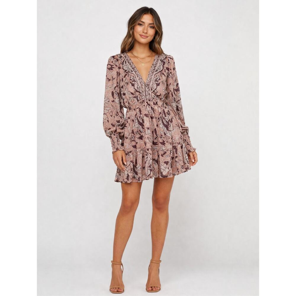 O.P.T Lurex Pink Floral Mini Dress Bohemian Long Sleeves Size Small